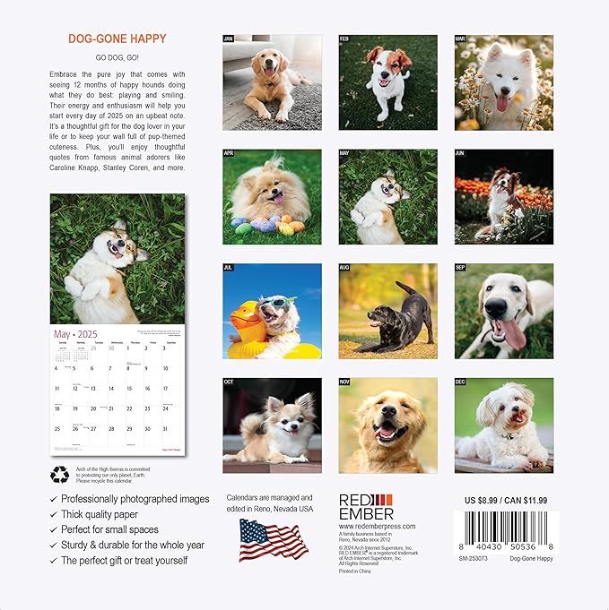 RED EMBER Dog-Gone Happy Mini 2025 Wall Calendar 12 Month | 7" x 14" Open | Thick & Sturdy Paper | Giftable | Calendar 2025