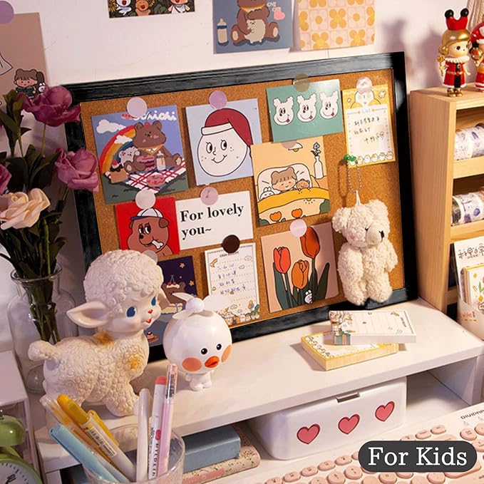 Miratino Cork Board Bulletin Board, 16 x 11 Inches Wooden Frame Pin Board, Cute Cork Boards for Walls Hanging for Office, Home Decor, School (Pins, Clips, Strings) Black