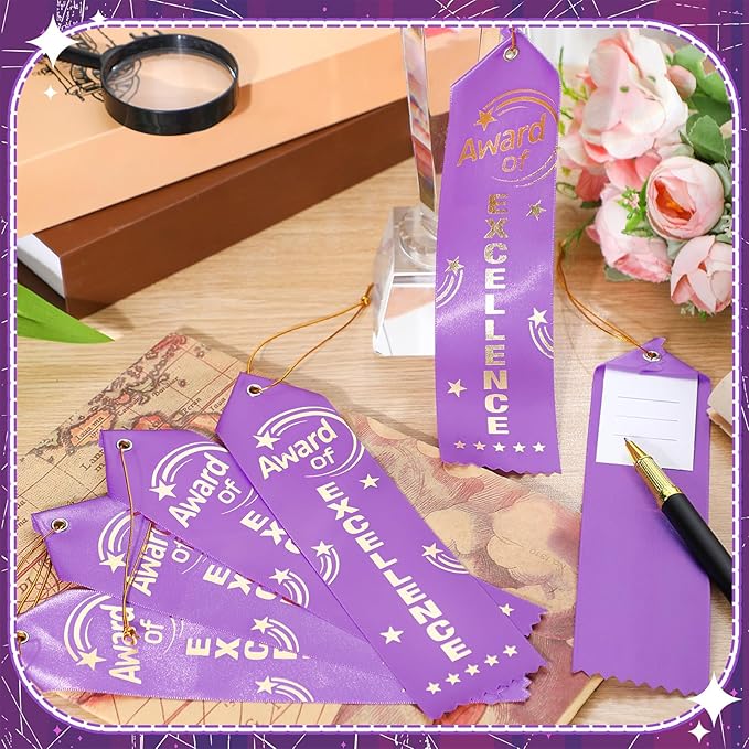 50 Pcs Award of Excellence Ribbons 8 x 2 Inches Purple Excellence Ribbons with Cards and Strings Achievement Prizes Bookmark Style Awards for Competitions Class Activities Office Team