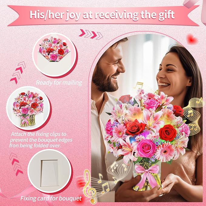 XTF2015 Paper Pop Up Bouquet Birthday Cards, Mother's Day Flower Cards, Anniversary Greeting Cards Flower Bouquet Card with Music and Lights Pink Lily Daisy, Holiday Mother's Day Birthday Decoration Gift Card