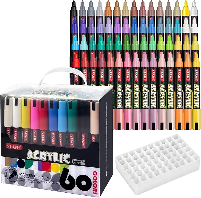 SFAIH Acrylic Creative Markers Set of 60 With 14 Metallics, Organizer, 3mm Medium Tips - Holiday Paint Markers, Gift for Kids and Adults - Art Supplies