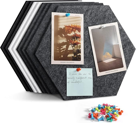 12" Large Bulletin Board with 30 Push Pins, Pack of 8 Hexagon Felt Pin Board Notice Boards for Home Office Kitchen, Felt Wall Tiles for Photos Memos