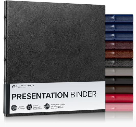 Gallery Leather 3 Ring Binder with Plastic Sleeves, Includes 10 Sheets, Sheet Size: 8.5" x 11" - Presentation Binder Rings with Hubbed Spine, Thick: 0.75" Belfast Black