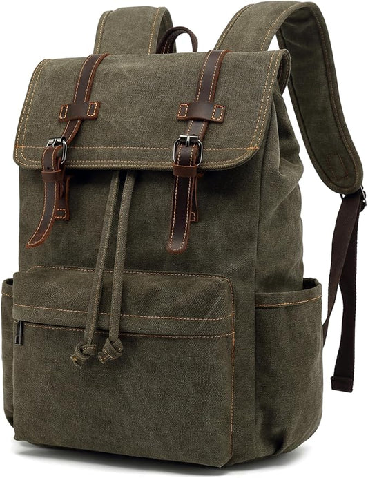HuaChen Vintage Canvas Backpack, Mens Travel Rucksack for Laptop Hiking Bag (M83_Green)