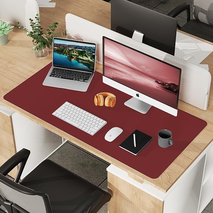 Desk Mat 47" x 23.7" Leather Desk Pad Protector with Natural Cork & PU Leather, Non-Slip Office Desk Mat, Double-Sided Large Mouse Pad, Waterproof Desk Pad for Office&Home (Red)