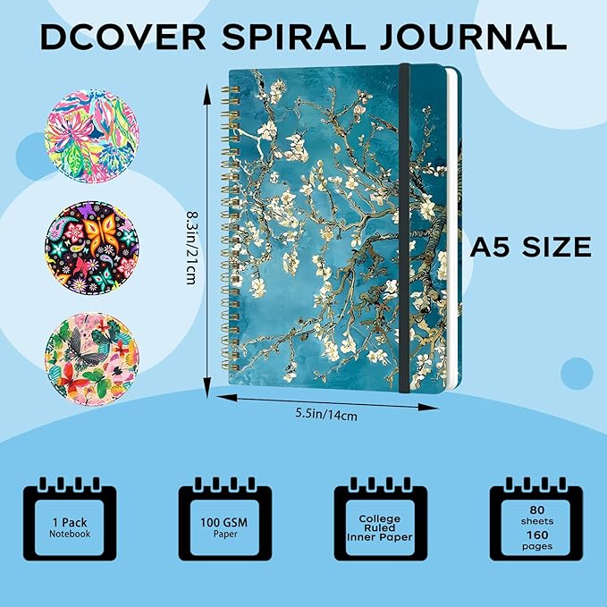 Spiral Notebook - A5 Spiral Notebooks, 8.3'' × 5.8'', 160 Pages, Aesthetic Journaling Notebooks for Women, College Lined Notebook with Elastic Closure, Back Pocket, for School Office, Plum blossom