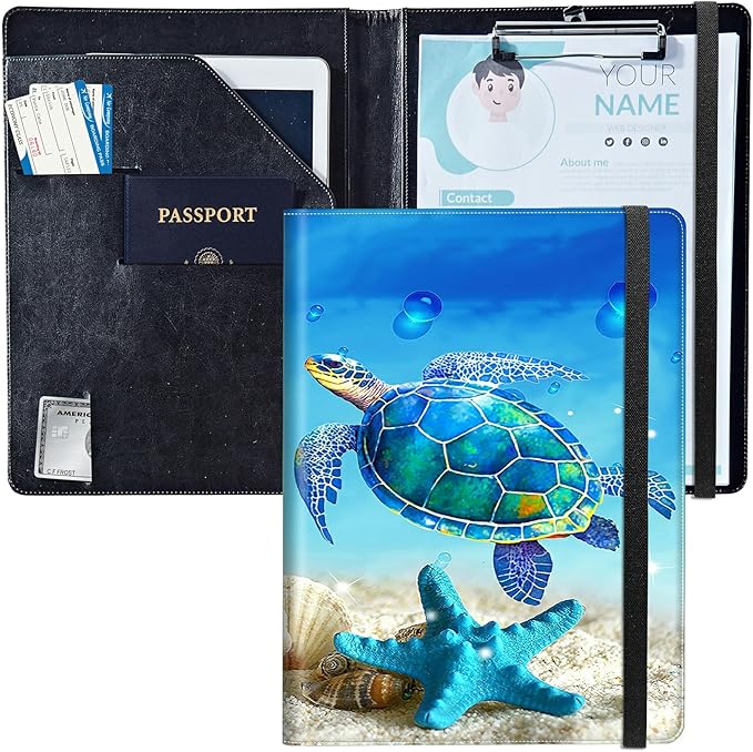 PU Leather Padfolio Clipboard Notepad with Pen Loop and Elastic Strap Interview/Resume Document Organizer for Business School Office,Blue Turtle