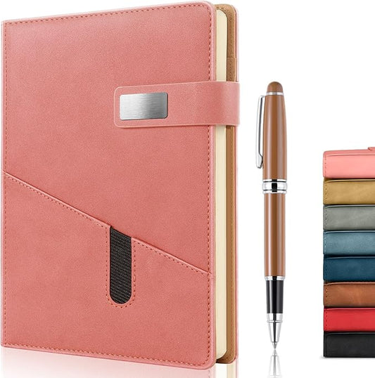 A5 Lined Leather Journal with Pen, 240 Pages Refillable Hardcover Notebook with Pocket and Magnetic Buckle, 80gsm Thick Daily Diary for Men and Women, Great Gift for Business Travel Personal - Pink