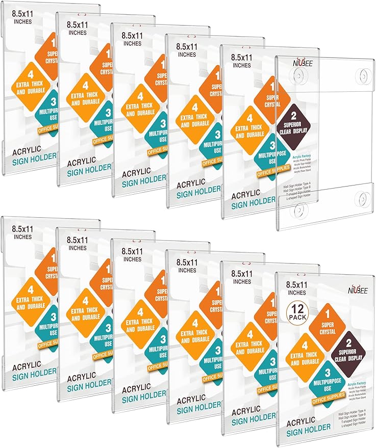 NIUBEE Acrylic Window Sign Holder with Suction Cup 8.5 X 11, Clear Acrylic Frames Glass Door Wall Mount Advertising Signage Sign Holder for Mall, Office, Home, Store, Restaurant(12 PACK)