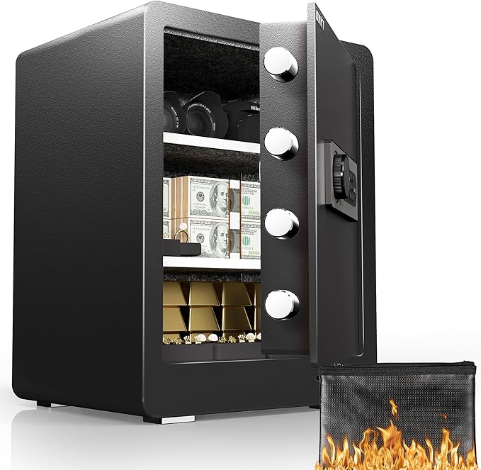 DAYI Safe Box, 2.0 Cubic Feet Home Safe with Fireproof Waterproof Bag, Security Safe Box for Money Cash Valuables, Digital Electronic Keypad, Dual Alarm System, Removable Shelf - D-45