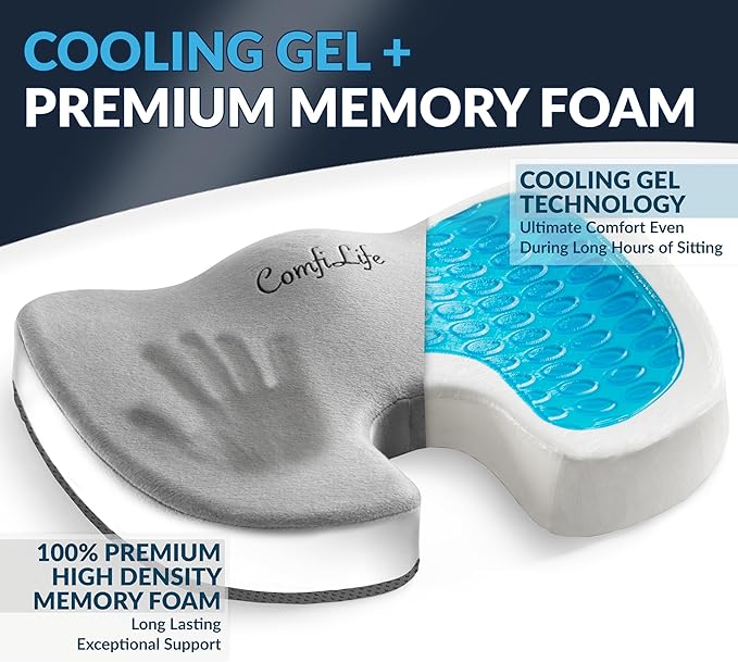 ComfiLife Gel Enhanced Seat Cushion – Office Chair Cushion – Non-Slip Gel & Memory Foam Coccyx Cushion for Tailbone Pain - Desk Chair Car Seat Cushion Driving - Sciatica & Back Pain Relief (Gray)