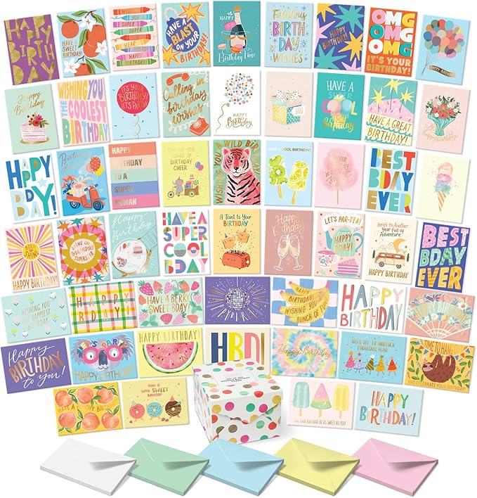S&O Box of Happy Birthday Cards with Envelopes - 100 Unique Memorable Birthday Cards with Envelopes - Colorful Important Day Notes Bulk for Office & Home - Assorted Occasion Greetings - 4x5.5”