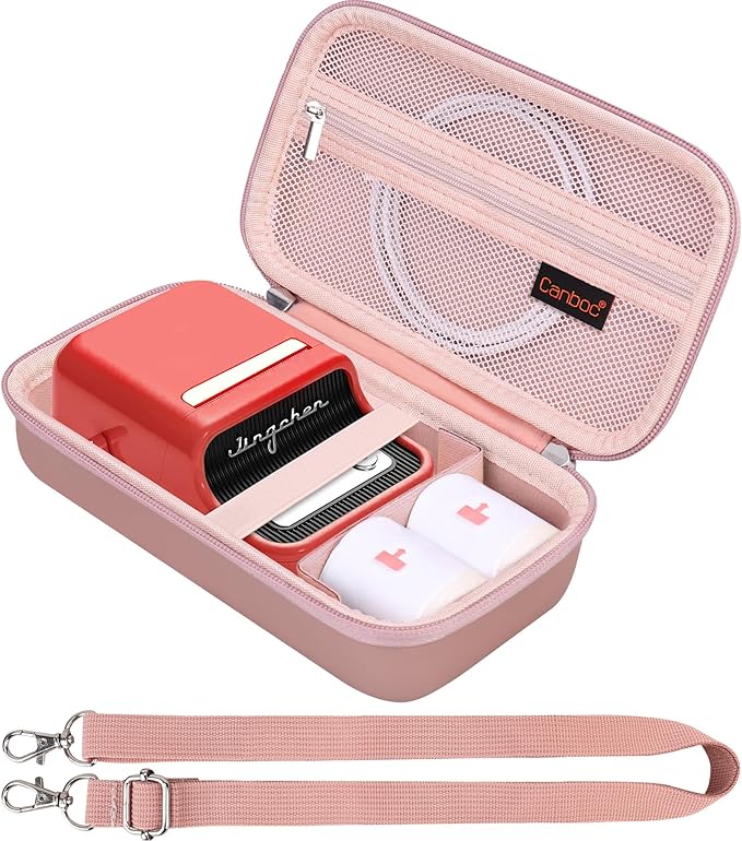 Canboc Carrying Case for NIIMBOT B21 Label Maker, Portable Bluetooth Thermal Label Printer Bag with Removable Shoulder Strap, Mesh Pocket fit Printer Labels, USB Cable, Rose Gold (Case Only)