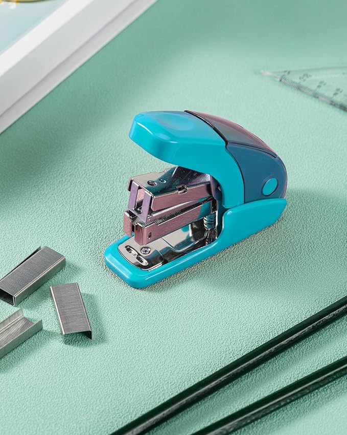 PAPERPAL Effortless Mini Stapler Set, 20 Sheet Capacity, Integrated Remover & Staple Storage, Holds 1/4" Staples, Includes 1000 Staples, Lightweight, Office, School & Daily Use, Light Blue