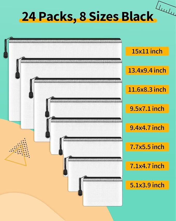 Smarpau Mesh Zipper Pouch, 24 Pack 8 Sizes Plastic Zipper Pouches for Organizing, Multipurpose Waterproof Zipper Bags for Travel, Office, Home Storage, Black