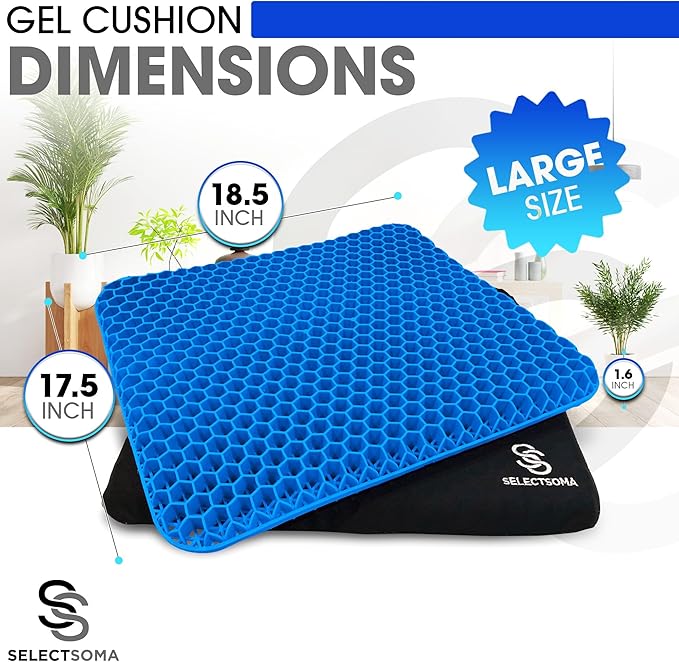 SelectSoma Large Gel Seat Cushion for Desk Chair - Pressure Relief for Back, Sciatica, Coccyx, and Tailbone Pain While Long Sitting – Wheelchair Cushion - Chair Pad for Cars and Trucks