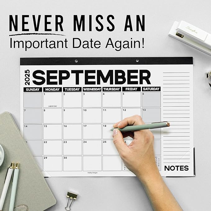 Hadley Designs Large Desk Calendar 2025-2026 - 18-Month Desktop Calendar 2025 for Organized Planning, 17" x 11" 2025 Desk Calendar for Home, School and Office (Black & White)