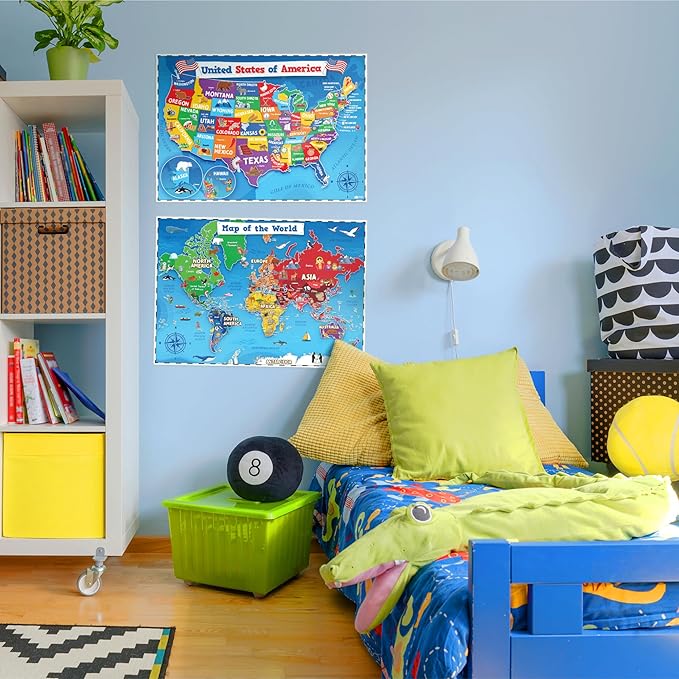 Momo & Nashi United States & World Map Poster for Kids - 2 Pc - 24 x 16 Inch Waterproof USA & Map of the World Poster - for Wall Posters for Learning, Classroom, Education, Back to School Resources