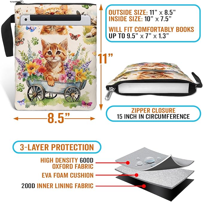 Book Sleeve Gift for Book Lovers. Cover With Zipper and Front Pocket. Washable Fabric 11 X 8.5 Inch Padded Bag. Cat Flower Garden.