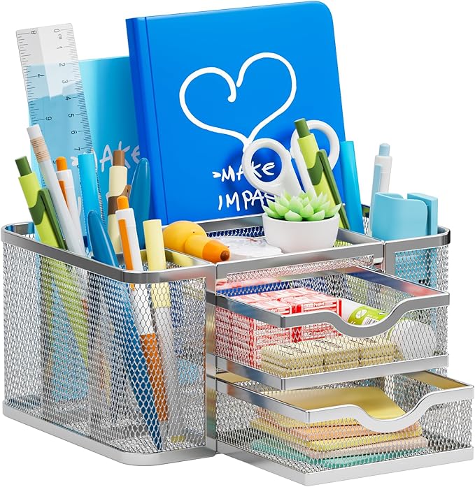 Marbrasse Mesh Desk Organizer, Pen Organizer with 2 Drawer, Multi-Functional Pencil Holder for Desk, Desk Organizers and Accessories with 5 Compartments + Drawer for Office Art Supplies (Silver)