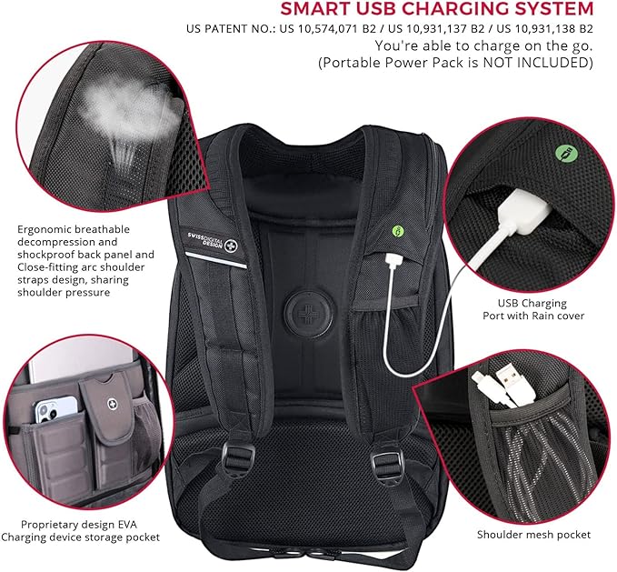 Swissdigital Design TSA Laptop Backpack Men's USB Charging Port Large Capacity Business Travel Backpack Black| With Apple Find My Network (TERABYTE J16BTFB-41) One Nation One World
