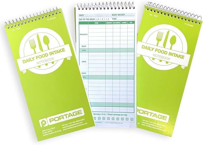 Portage Food Diet Journal - Notebook for Daily Food Intake with Template to Track Calories, a Food Diary, Meal Tracker – 4 x 8 Inches, 70 Sheets, 140 Pages, (Pack of 3)
