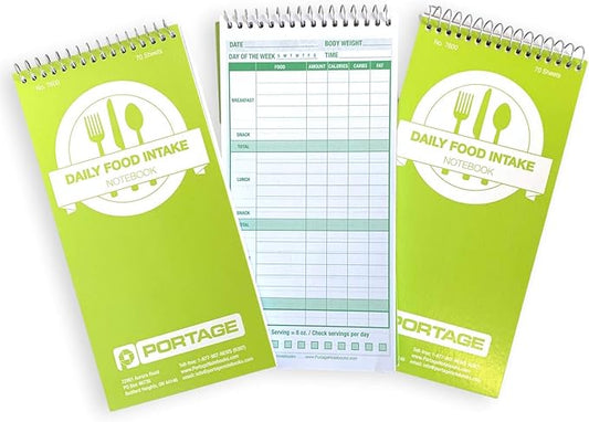 Portage Food Diet Journal - Notebook for Daily Food Intake with Template to Track Calories, a Food Diary, Meal Tracker – 4 x 8 Inches, 70 Sheets, 140 Pages, (Pack of 3)