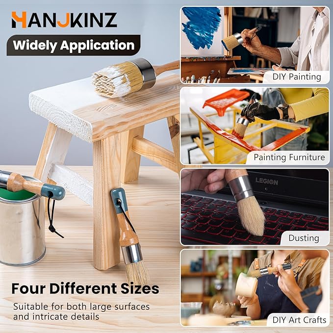 Chalk and Wax Paint Brush 4Pcs Set, Chalk Paint Brushes for Furniture, Painting or Waxing, Milk Paint, Natural Bristle Stencil Brushes for All Painting and Waxing