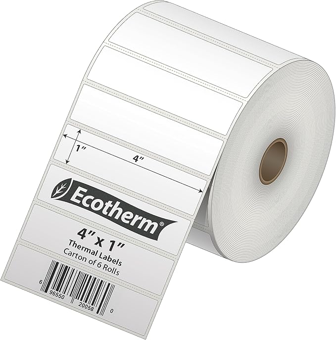 4" x 1" Thermal Labels | 6 Rolls | 15000 Labels | fits Zebra, Munbyn, Rollo, Godex, Arkscan, iDPRT, Offnova Thermal Label Printers and More | Blank White Adhesive Stickers by Ecotherm