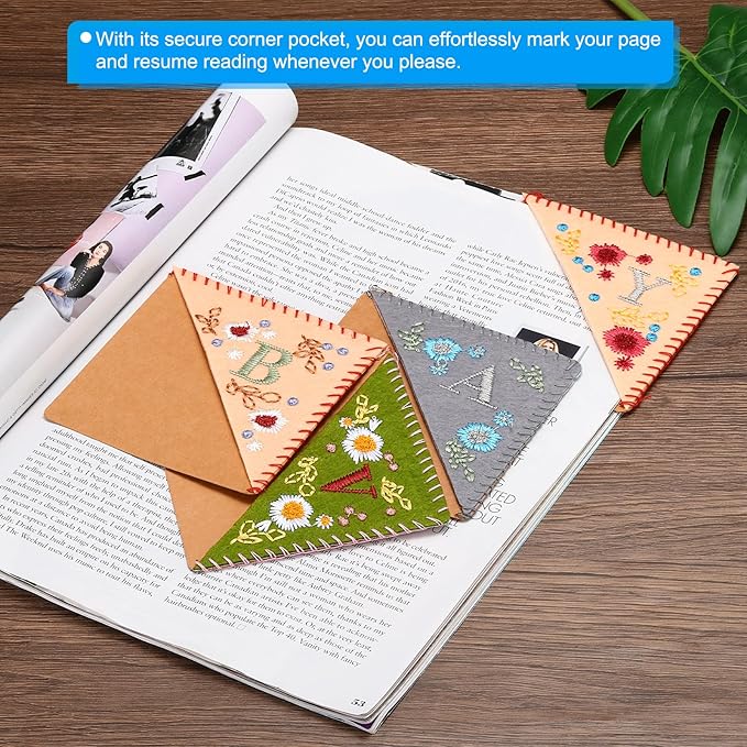 PATIKIL Personalized Embroidered Corner Bookmark, Cute Flower Felt Stitched Triangle Book Mark Page Marker for Women Men Book Lovers Teachers, Pink, Letter x