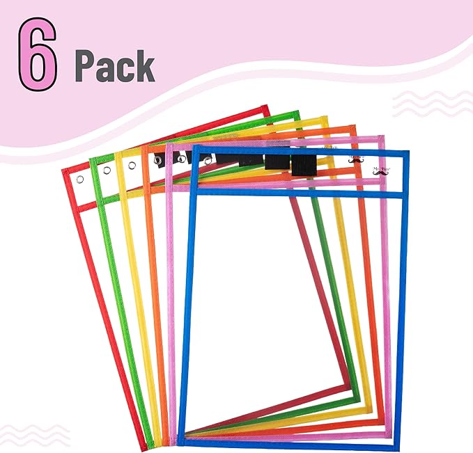 Mr. Pen- Dry Erase Pocket Sleeves, 10 x 14 Inch, 6 Pack, Colorful, Plastic,Reusable, Clear, Classroom Sleeves