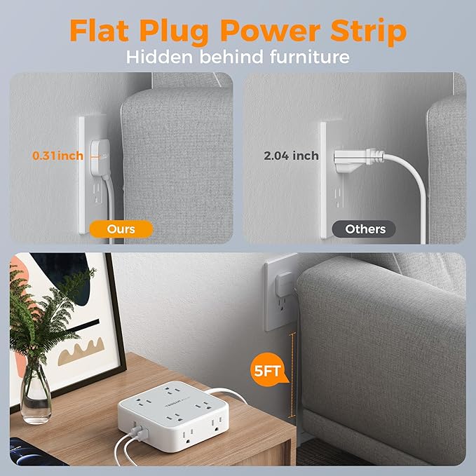 Surge Protector Power Strip, TESSAN Flat Plug Extension Cord with Multiple Outlets, 8 AC Outlets, 3 USB Ports(2 USB C), 5 Ft, 900 Joules Protection, 3-Sided Charging Station for Home Office Dorm Room
