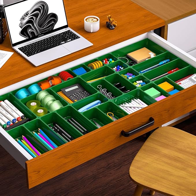 7 Pcs Plastic Drawer Organizer Set,4 Size Small Storage Containers for Organizing Jewelry,Utensil,Junk,Tea,Makeup,Shallow Drawer Organizers Tray Suitable for Office,Desk,Bathroom,Vanity,Kitchen,Green