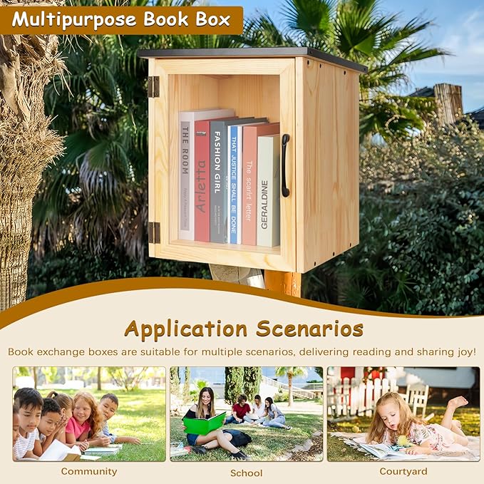 Outdoor Library Box Literature Exchange Box Outdoor Book Storage Little Wood Cabinet for DIY, Neighborhoods Community and Schools Sharing Books, Literature and Newspapers(13x11x16.5 Inch)