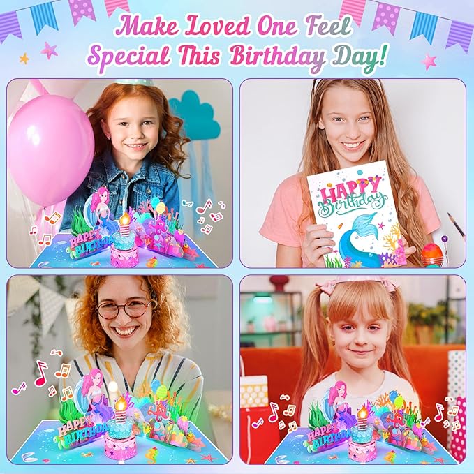 Birthday Card with Light&Music, Mermaid 3D Pop up Greeting Cards with Blowable Candle Birthday Gifts for Women Girls Daughter Sister Kids