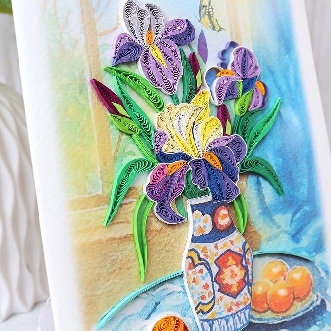 KingKraft Iris Flower Quilling Card, Handcrafted Greeting Card for All Occasions, Birthday Card for Mom, Thinking of You, Get Well, Anniversary, Valentines Day, Mothers Day Card, Blank Inside