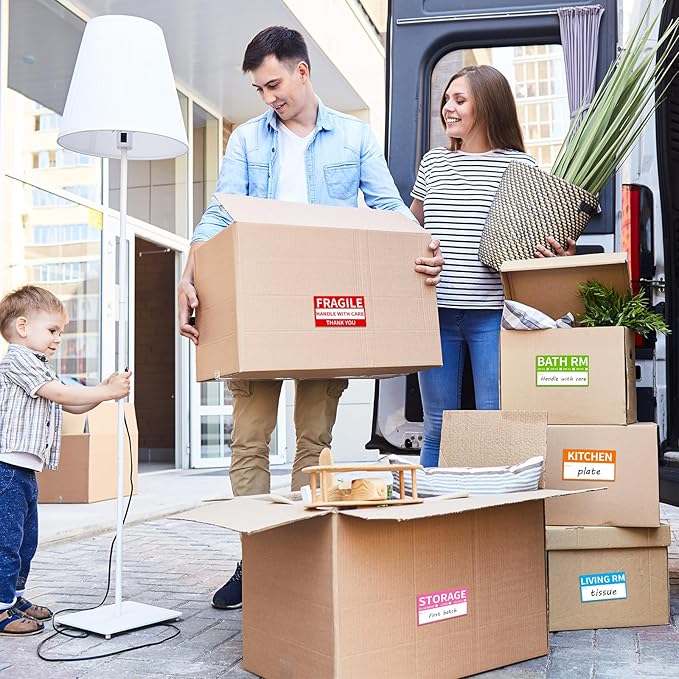 510 Home Moving Labels, 3.4 x 2 inches, 8-Color Coded Packing Box Stickers with Fragile and Blank Customizable Labels