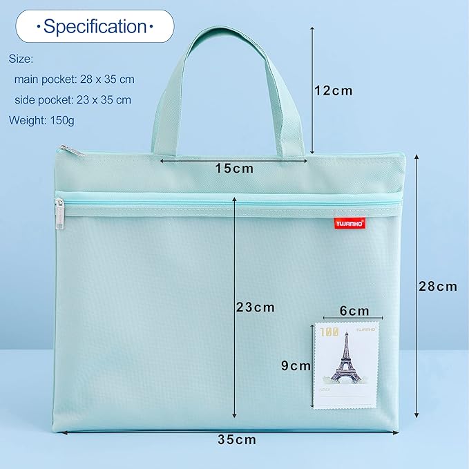 pendancy Mesh Zipper Pouch 11x13.7 in, 2 pcs Large Double Pocket Waterproof File Bag with Handle, A4 Size Foldable Document Storage for Puzzle Project/Cross Stitch/Travel/Office（Blue Green）