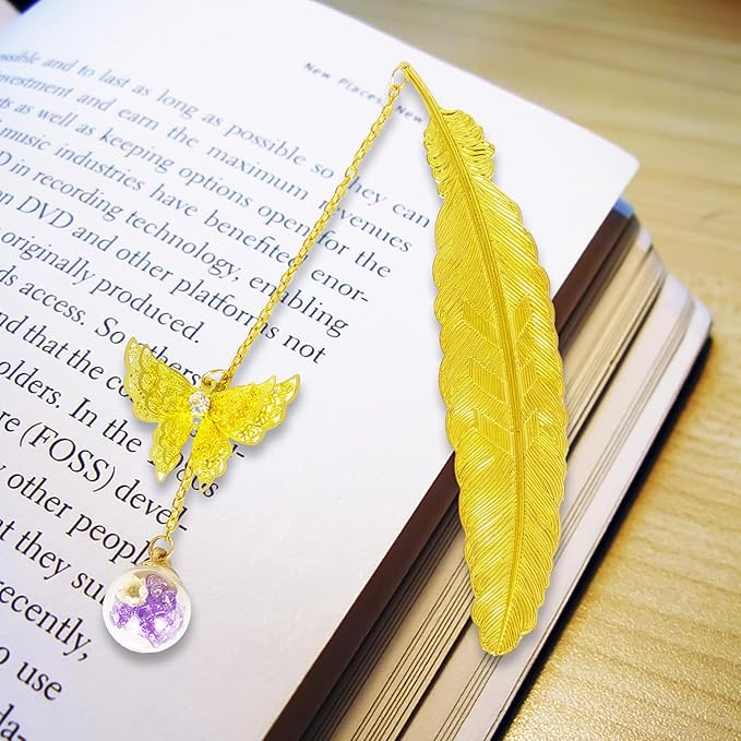 Metal Feather Bookmarks Set - Perfect Teacher & Book Lover Gifts for Birthday, Christmas, and Appreciation - Elegant Stocking Stuffers for Women and Girls (Golden.Purple White Flower)