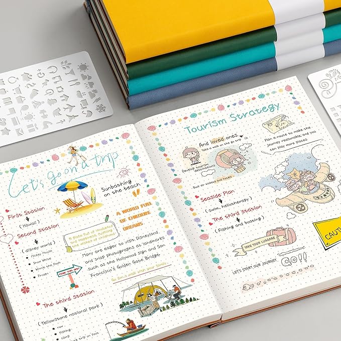 AHGXG Bullet Dotted Journal - Large A4 Notebook Dotted, 8.5''×11'', 320 Pages Dot Grid Notebook, 100gsm Thick Paper, Leather Softcover, with Journal Stencils, Inner Pocket - Green