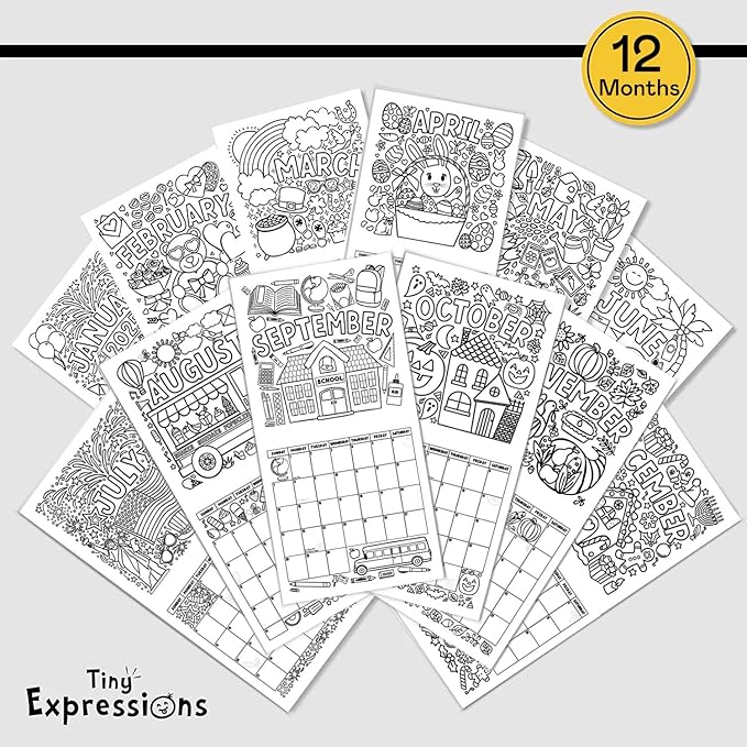 Tiny Expressions - Kids Coloring Calendar 2025-12 Month Color Your Own Wall Calendar for Children, Boys & Girls with Fun Planning Boxes for Daily, Weekly, and Monthly Tasks