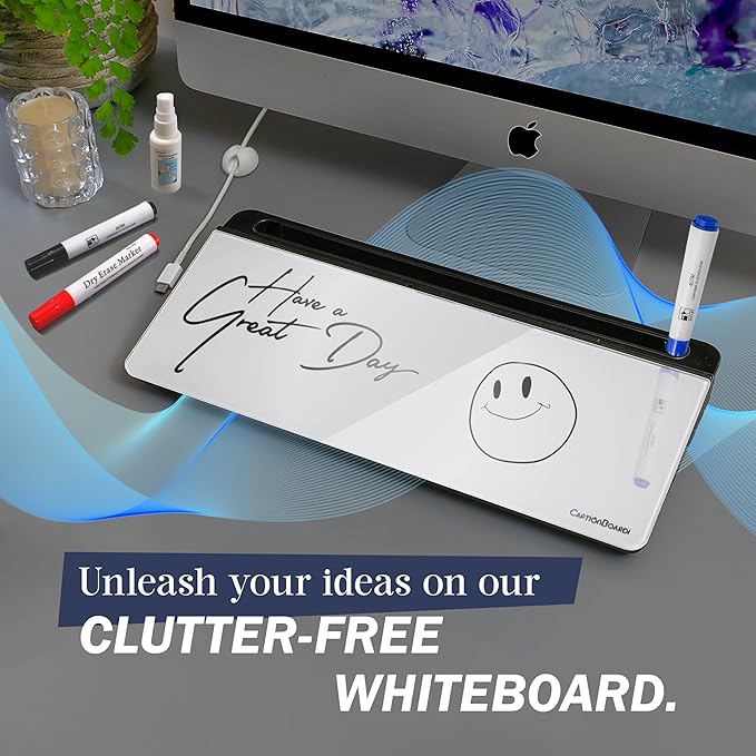 15-Inch Desktop Whiteboard - Glass Dry Erase Board for Desk Whiteboard with Stand with 3 Markers, Spray Bottle, 3 Cable Holders & Storage Box Work from Home Office Gadgets, Black & White