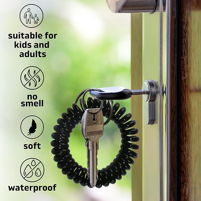 50PCS Keychain Wristlet Wrist Keychain Wristband Elastic Stretchable Spiral Bracelet Key Hook Key Holder for Gym Pool Spring Spiral Coil Black