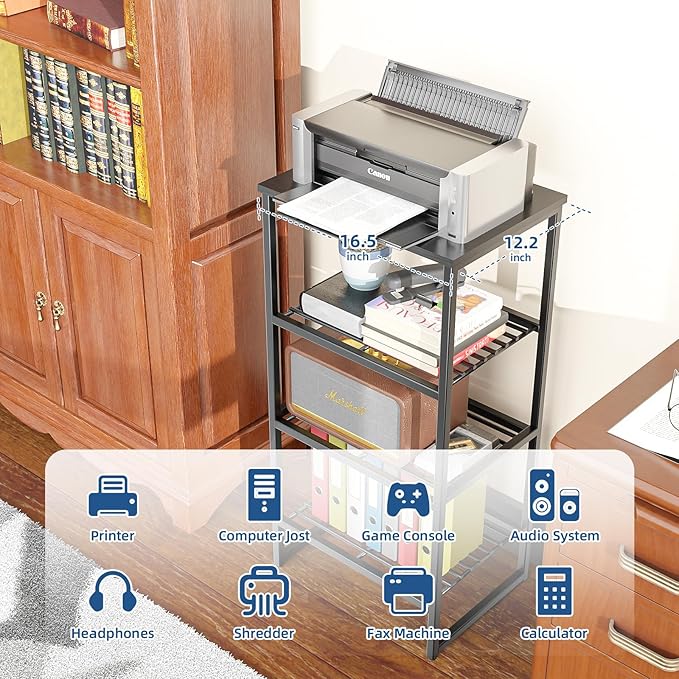 Printer Stand Holder 4 Tier - Heavy Duty Metal Shelving Unit for Printer Shelf Office Organizer, Industrial Printer Side Table with Wood Desk for Scanner Fax Machine, Black