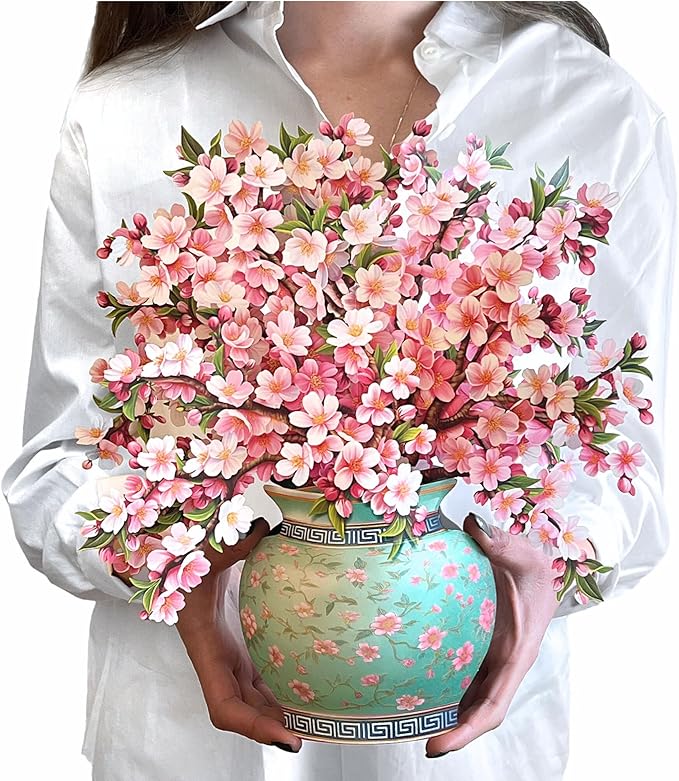 Freshcut Paper Pop Up Cards, Japanese Cherry Blossoms, 12 Inch Life Sized Forever Flower Bouquet 3D Popup Greeting Card, Birthday Cards, Valentine's Day Card, Blank Notecard & Envelope