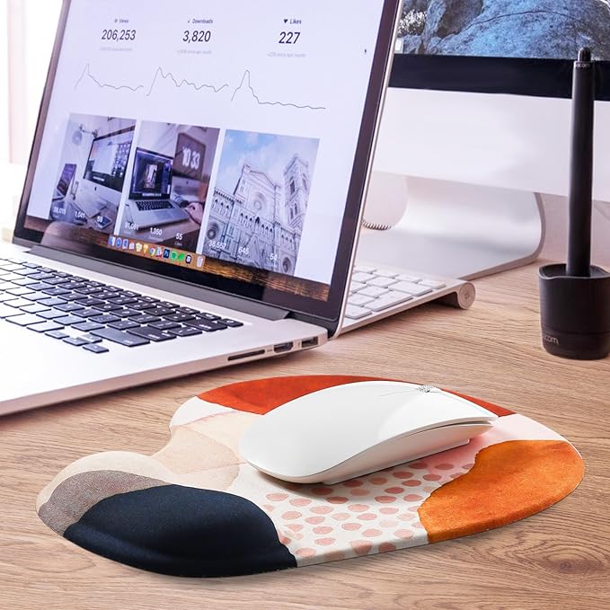 JIKIOU Mouse Pad, 2 Pack Ergonomic Mouse Pads with Comfortable Gel Wrist Rest Support and Lycra Cloth, Non-Slip PU Base for Easy Typing Pain Relief Durable and Easy to Clean Small Boho