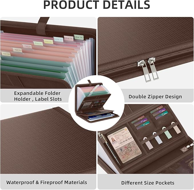 Fireproof Accordion File Organizer, Portable Expanding File Folder with Waterproof Zipper&Labels, Brown Document Organizer with 13 Pockets, File Organizer for Important Document/Paper Storage