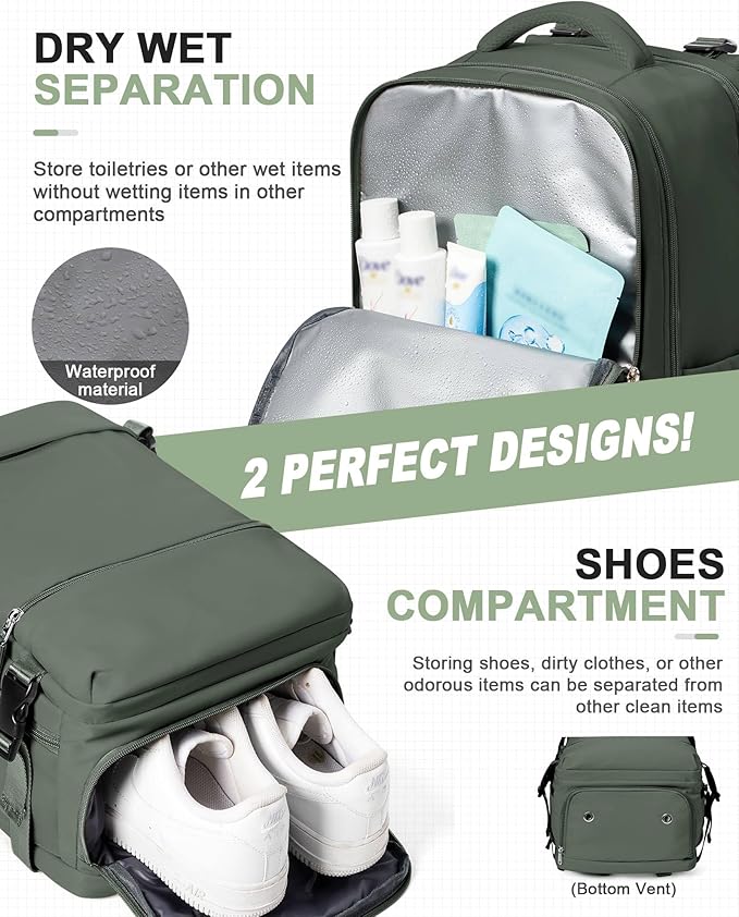 SEAFEW Carry on Travel Backpack for Men Women, Water Resistant Laptop Backpack Personal Item Luggage Daypack for Airplanes, Weekender Overnight Backpack with Shoe Compartment, Mochila de Viaje, Green
