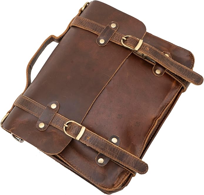 Rustic Vintage Buffalo Leather Laptop Messenger Briefcase Satchel Bag for Men 11 Inch, Brown