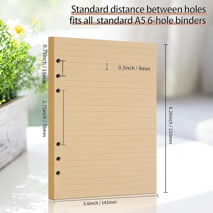 A5 Lined Vintage Kraft Paper, Vintage A5 Flipchart Binder Refill Paper,for 6-Ring Binders Planner Traveller Journal Notebook Dairy, 80 Sheets (160 Pages) (Line-Retro-A5)